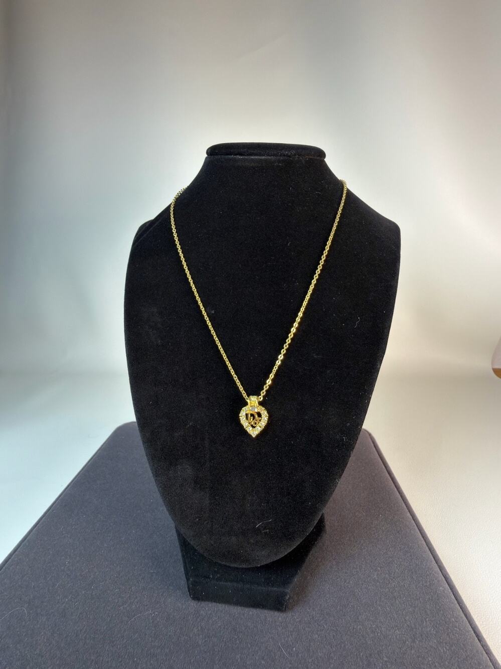 Vintage Christian Dior Rhinestone Filigree CD Heart Pendant Necklace Authentic 1